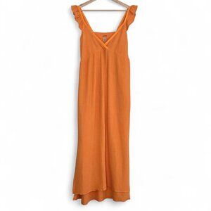 Magaschoni Organic Cotton Gauze Empire Dress Orange Ruffle Shoulder M